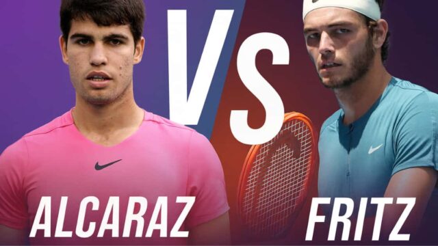 Miniatura elegante del match Alcaraz vs Fritz al Six Kings Slam con sfondo moderno in toni viola e arancio.