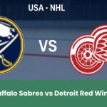 Logo matchup Buffalo Sabres vs Detroit Red Wings su pista di ghiaccio NHL.