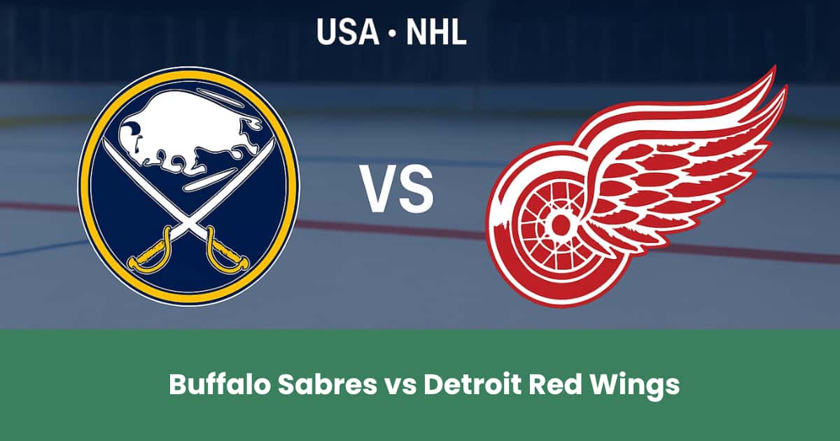 Logo matchup Buffalo Sabres vs Detroit Red Wings su pista di ghiaccio NHL.