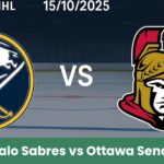Grafica del match NHL tra Buffalo Sabres e Ottawa Senators del 15 ottobre 2025 su sfondo pista di hockey.