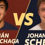 Grafica del match tra Román Burruchaga e Johann Emil Scheissl con design elegante e contrasto di colori caldi e scuri, titolo centrale “VS”.