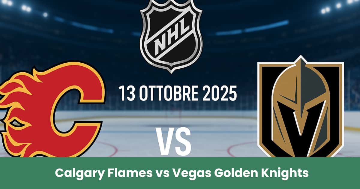 Calgary Flames e Vegas Golden Knights su pista di hockey con data della partita NHL 13 ottobre 2025.