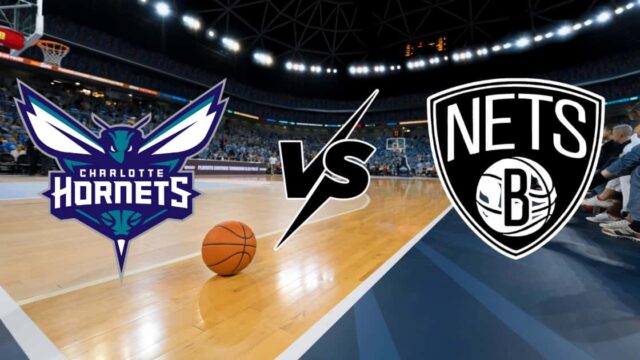 Immagine promozionale della partita NBA tra Charlotte Hornets e Brooklyn Nets del 22 ottobre 2025, con i loghi delle squadre su una palestra di basket illuminata.