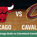 Immagine promozionale del match NBA di preparazione tra Chicago Bulls e Cleveland Cavaliers su campo da basket illuminato.