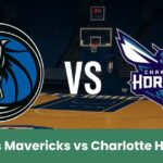 Immagine promozionale del match NBA Dallas Mavericks vs Charlotte Hornets su un campo da basket.