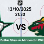Immagine del match NHL tra Dallas Stars e Minnesota Wild su una pista di hockey, con loghi centrati e data 13 ottobre 2025.