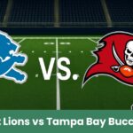 Logo dei Detroit Lions e dei Tampa Bay Buccaneers su un campo da football americano.