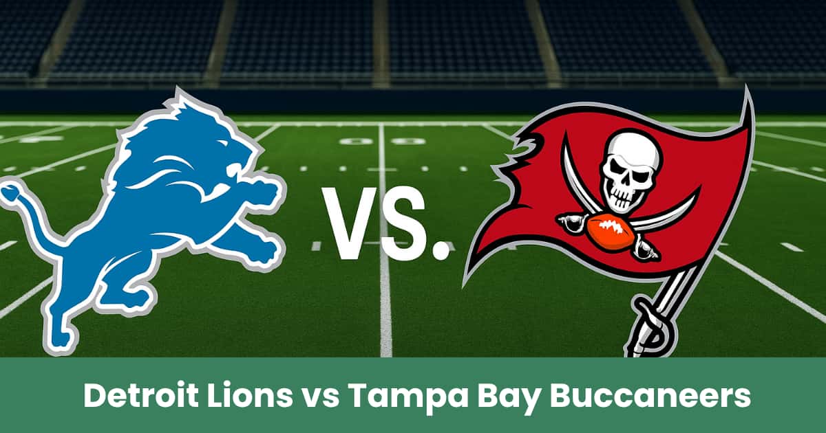 Logo dei Detroit Lions e dei Tampa Bay Buccaneers su un campo da football americano.