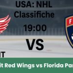 Logo matchup NHL tra Detroit Red Wings e Florida Panthers sul ghiaccio, con data e ora della partita in evidenza.