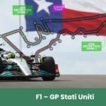 Auto Mercedes di Formula 1 sul Circuit of the Americas con mappa del tracciato sullo sfondo.