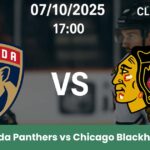 Immagine promozionale della partita NHL tra Florida Panthers e Chicago Blackhawks con i loghi delle squadre e giocatori sullo sfondo.