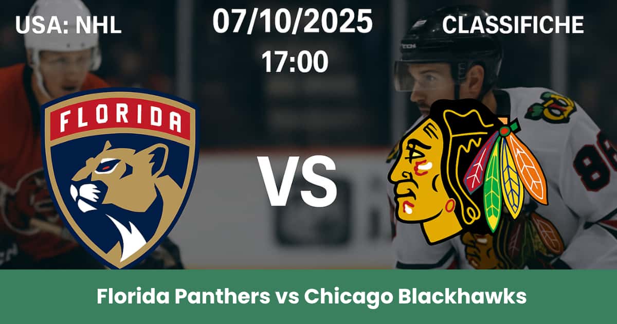 Immagine promozionale della partita NHL tra Florida Panthers e Chicago Blackhawks con i loghi delle squadre e giocatori sullo sfondo.