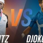 Miniatura elegante per YouTube del match di tennis tra Taylor Fritz e Novak Djokovic con colori moderni e contrastanti, titolo centrale “VS” e stile sportivo professionale.