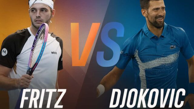 Miniatura elegante per YouTube del match di tennis tra Taylor Fritz e Novak Djokovic con colori moderni e contrastanti, titolo centrale “VS” e stile sportivo professionale.