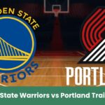 Logo Golden State Warriors e Portland Trail Blazers su una cancha di basket illuminata, immagine del match NBA Preseason 2025.
