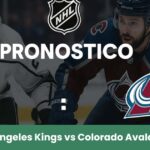 Partita NHL tra Los Angeles Kings e Colorado Avalanche con giocatori sul ghiaccio e loghi delle squadre.