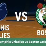 Grafica del match NBA di preparazione Memphis Grizzlies vs Boston Celtics su sfondo di campo da basket.