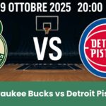 Grafica del pronostico NBA tra Milwaukee Bucks e Detroit Pistons con loghi e campo da basket sullo sfondo.