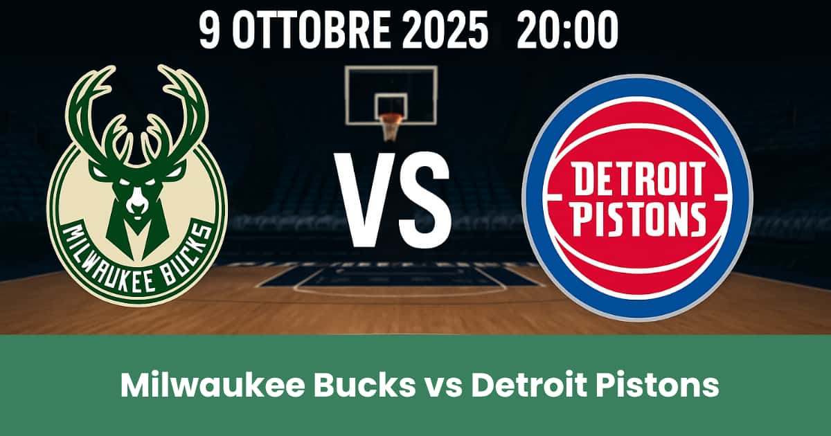 Grafica del pronostico NBA tra Milwaukee Bucks e Detroit Pistons con loghi e campo da basket sullo sfondo.