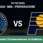 Immagine promozionale della partita NBA di preparazione tra Minnesota Timberwolves e Indiana Pacers su sfondo di campo da basket professionale.