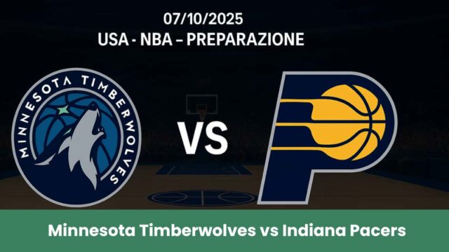 Immagine promozionale della partita NBA di preparazione tra Minnesota Timberwolves e Indiana Pacers su sfondo di campo da basket professionale.