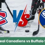 Loghi centrati di Montreal Canadiens e Buffalo Sabres su pista di hockey ghiacciata.