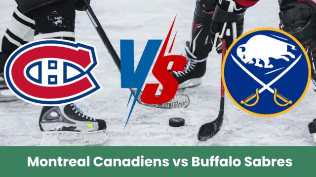 Loghi centrati di Montreal Canadiens e Buffalo Sabres su pista di hockey ghiacciata.