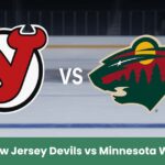 Loghi New Jersey Devils e Minnesota Wild su una pista di hockey ghiacciata.