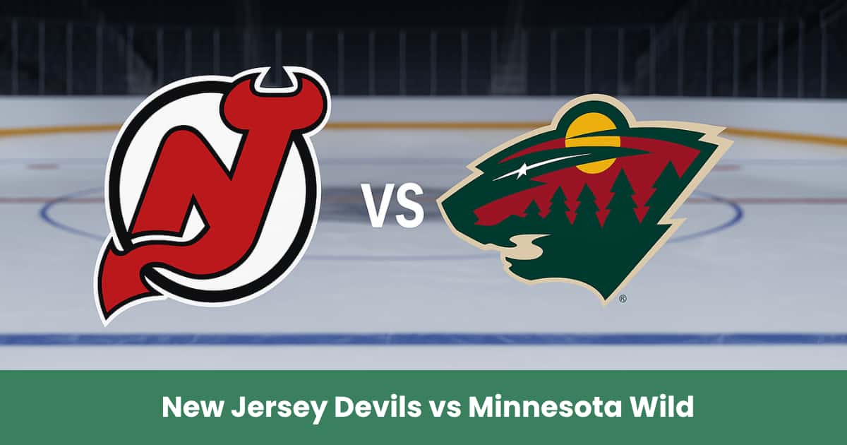 Loghi New Jersey Devils e Minnesota Wild su una pista di hockey ghiacciata.