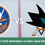 Logo New York Islanders vs San Jose Sharks su pista di hockey NHL.
