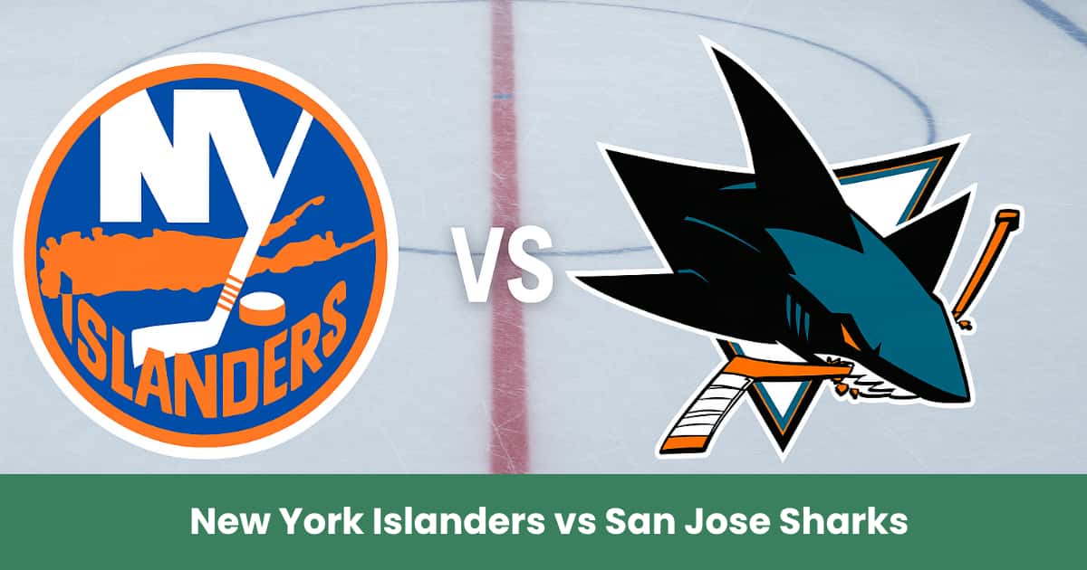 Logo New York Islanders vs San Jose Sharks su pista di hockey NHL.