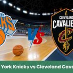 Logo New York Knicks e Cleveland Cavaliers su campo da basket NBA.
