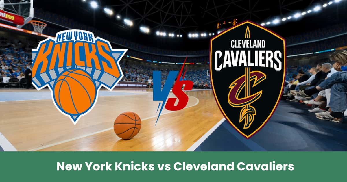 Logo New York Knicks e Cleveland Cavaliers su campo da basket NBA.