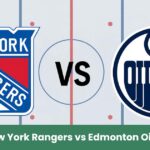 Logo New York Rangers vs Edmonton Oilers su pista di hockey NHL.