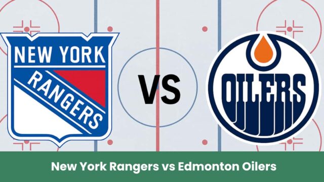 Logo New York Rangers vs Edmonton Oilers su pista di hockey NHL.