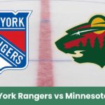 Logo centrali dei New York Rangers e Minnesota Wild su una pista di ghiaccio, immagine promozionale del match NHL 2025.