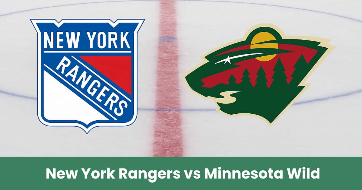 Logo centrali dei New York Rangers e Minnesota Wild su una pista di ghiaccio, immagine promozionale del match NHL 2025.