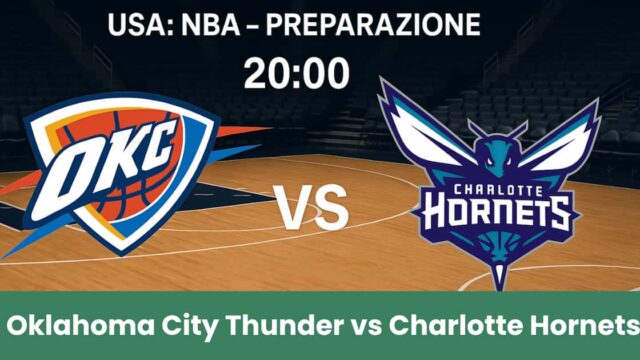 Oklahoma City Thunder vs Charlotte Hornets su un campo da basket illuminato.