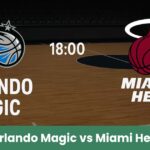 Grafica del match NBA di preparazione tra Orlando Magic e Miami Heat su un campo da basket.