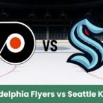 Logo centrato dei Philadelphia Flyers e Seattle Kraken su pista di hockey ghiacciata.