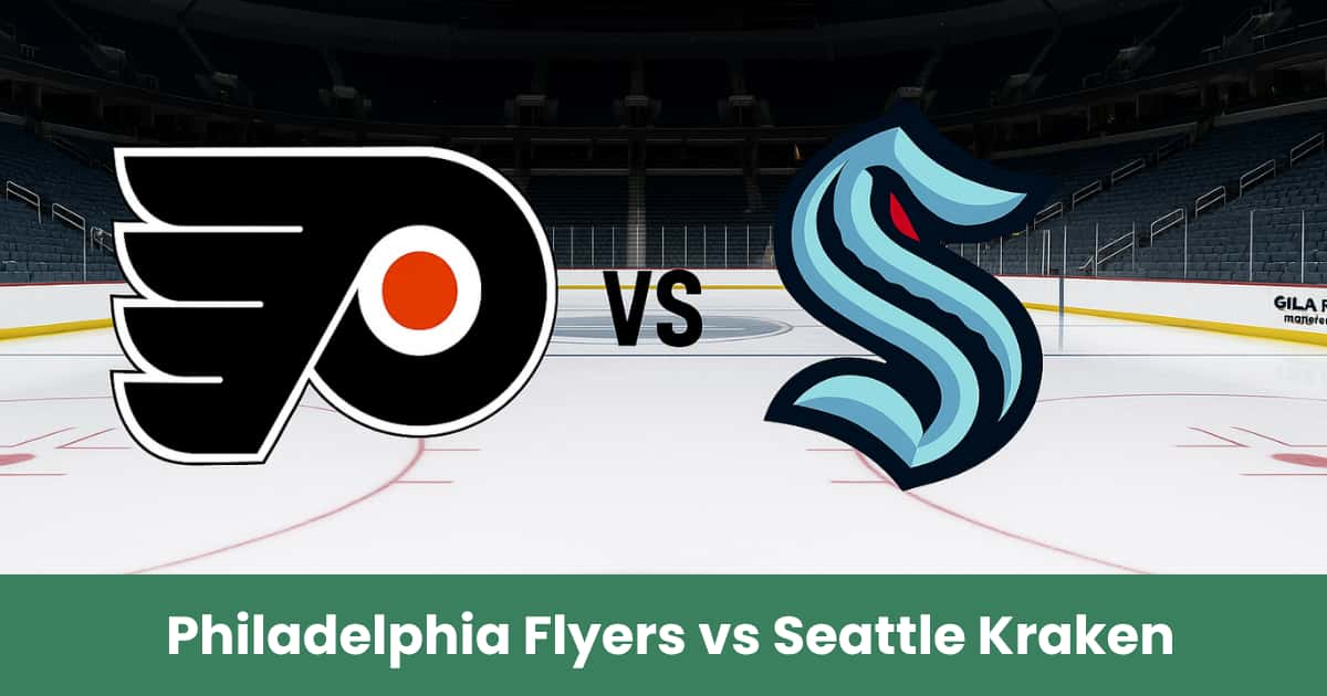 Logo centrato dei Philadelphia Flyers e Seattle Kraken su pista di hockey ghiacciata.
