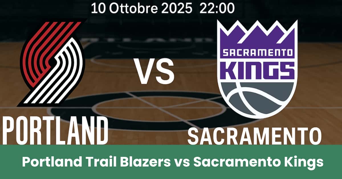 Immagine promozionale del match NBA di preparazione tra Portland Trail Blazers e Sacramento Kings sul campo da basket.