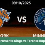 Immagine del pronostico NBA tra New York Knicks e Minnesota Timberwolves sullo sfondo di un campo da basket.