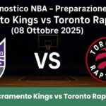 Pronostico NBA 2025: Sacramento Kings vs Toronto Raptors su campo da basket illuminato.