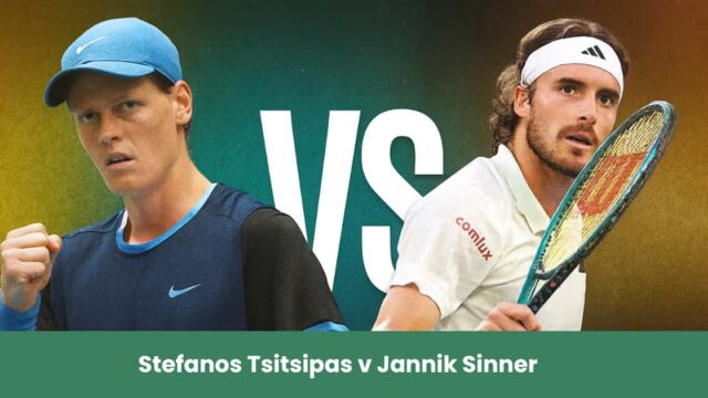 Jannik Sinner e Stefanos Tsitsipas si affrontano al Six Kings Slam 2025 in Arabia Saudita.