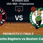 Immagine del pronostico NBA tra Toronto Raptors e Boston Celtics con i loghi delle squadre su uno sfondo di campo da basket.