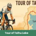 Ciclisti professionisti durante il Tour of Taihu Lake 2025 con mappa del percorso Nanjing-Wuxi in Cina.