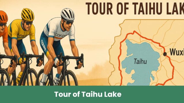 Ciclisti professionisti durante il Tour of Taihu Lake 2025 con mappa del percorso Nanjing-Wuxi in Cina.