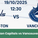 Banner della partita NHL tra Washington Capitals e Vancouver Canucks su pista di hockey, con loghi centrati e sfondo di ghiaccio.