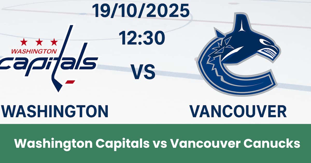 Banner della partita NHL tra Washington Capitals e Vancouver Canucks su pista di hockey, con loghi centrati e sfondo di ghiaccio.